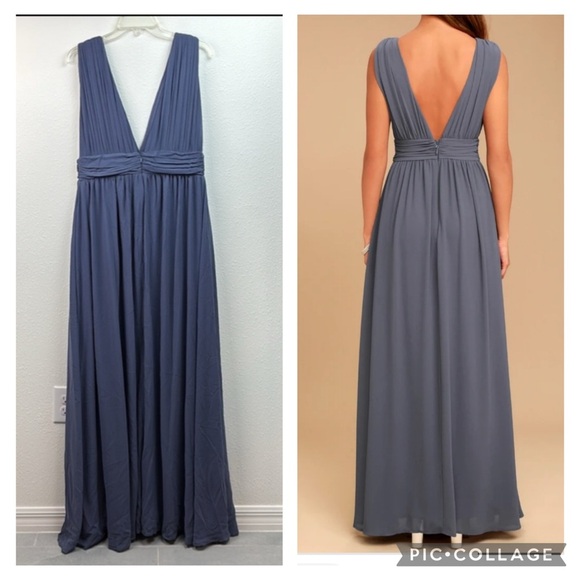 NEW, LULU’s formal maxi gown, leg slit, deep V neck, flowing chiffon dress - Picture 2 of 15